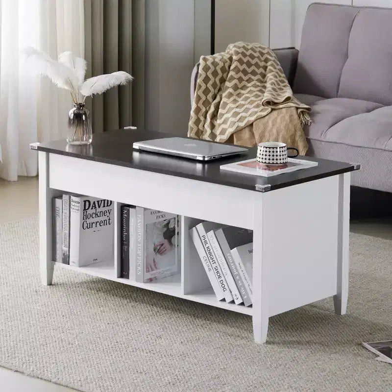 VINGLI Table basse relevable, blanche, avec rangement caché et étagères, table basse relevable à vérin à gaz