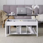 VINGLI Table basse relevable, blanche, avec rangement caché et étagères, table basse relevable à vérin à gaz