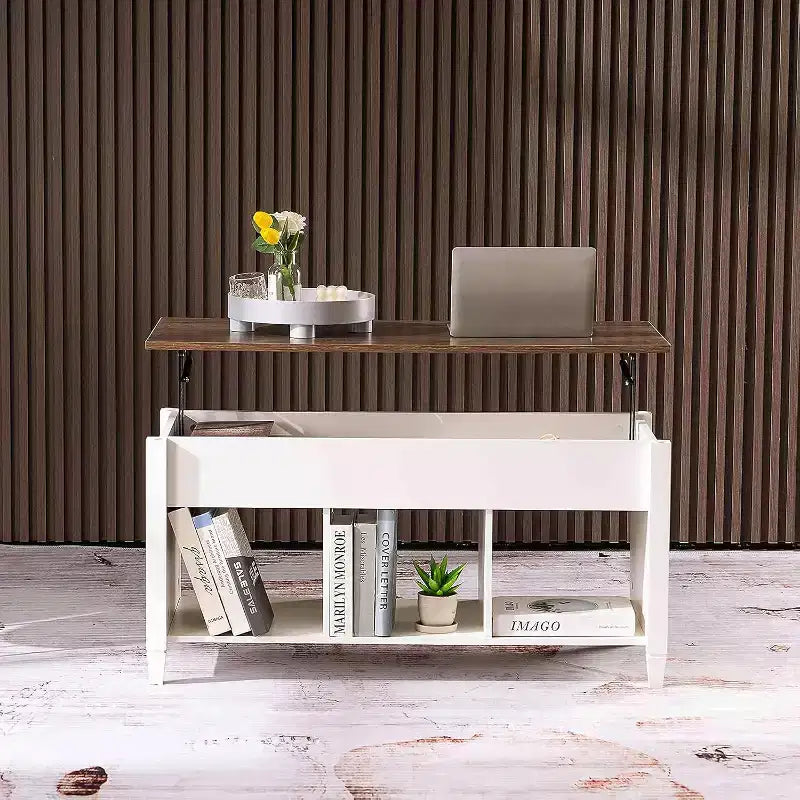 VINGLI Table basse relevable, blanche, avec rangement caché et étagères, table basse relevable à vérin à gaz