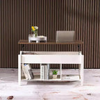 VINGLI Table basse relevable, blanche, avec rangement caché et étagères, table basse relevable à vérin à gaz