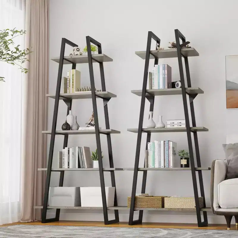Étagère haute et étroite GustoWave avec étagères, étagère échelle, bibliothèque, organisateur de rangement 5 niveaux en bois et métal