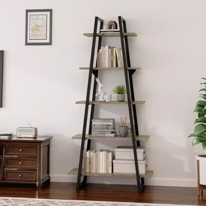 Étagère haute et étroite GustoWave avec étagères, étagère échelle, bibliothèque, organisateur de rangement 5 niveaux en bois et métal