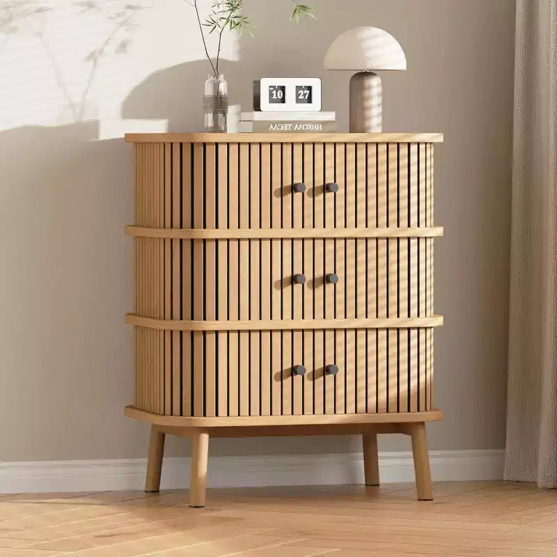 Garvee 3 Drawer Dresser, Mid-Century Modern Wicker Chest for Bedroom, Nightstand with Matte Black Handles and Wooden Legs, Spacious Storage