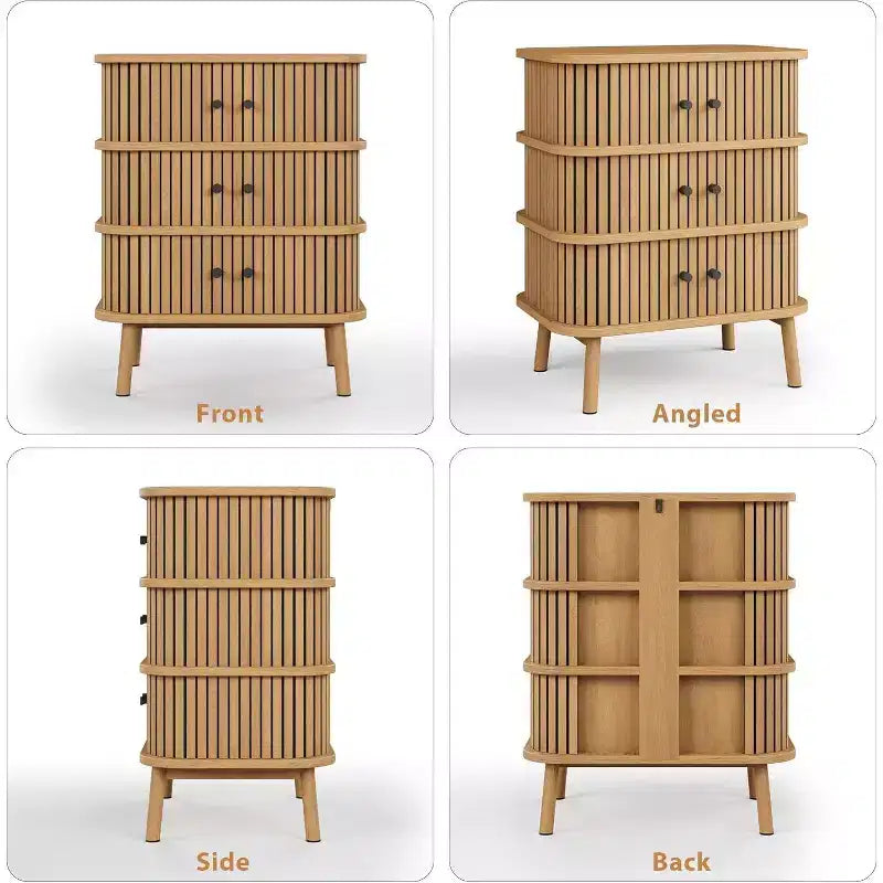 Commode Garvee à 3 tiroirs, commode en rotin de style moderne du milieu du siècle pour chambre à coucher, table de chevet avec poignées noires mates et pieds en bois, rangement spacieux