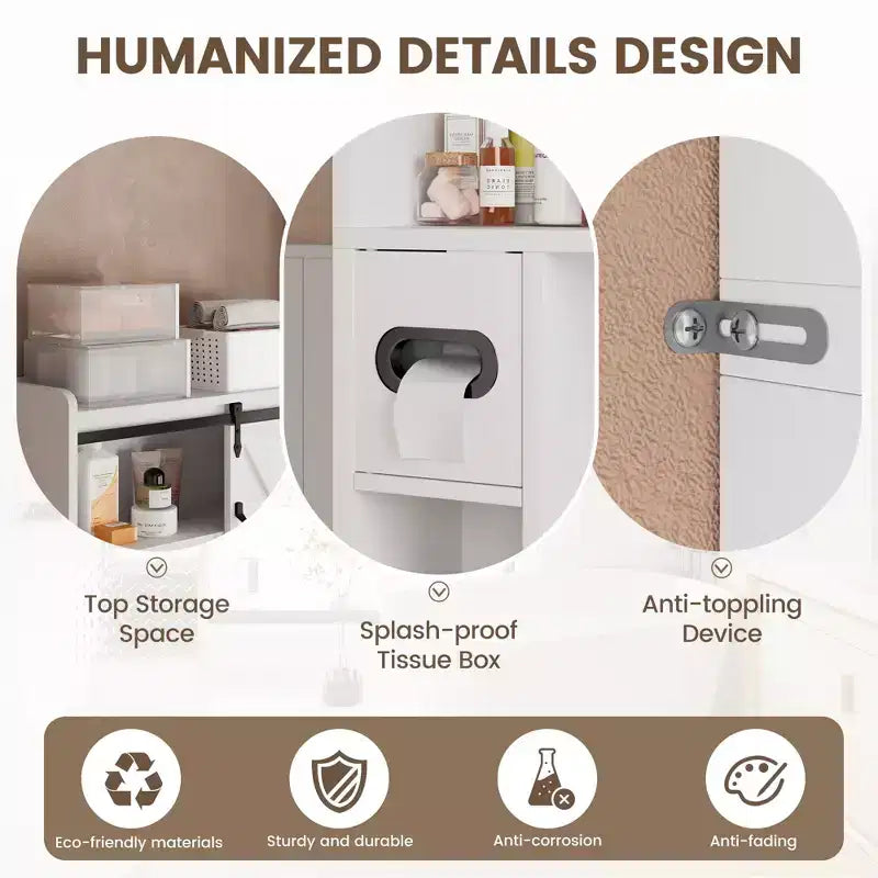 Meuble de rangement WC, étagères de salle de bain Organisateur d'espace, étagère de toilettes autoportante avec porte, dispositif anti-basculement, étagère réglable