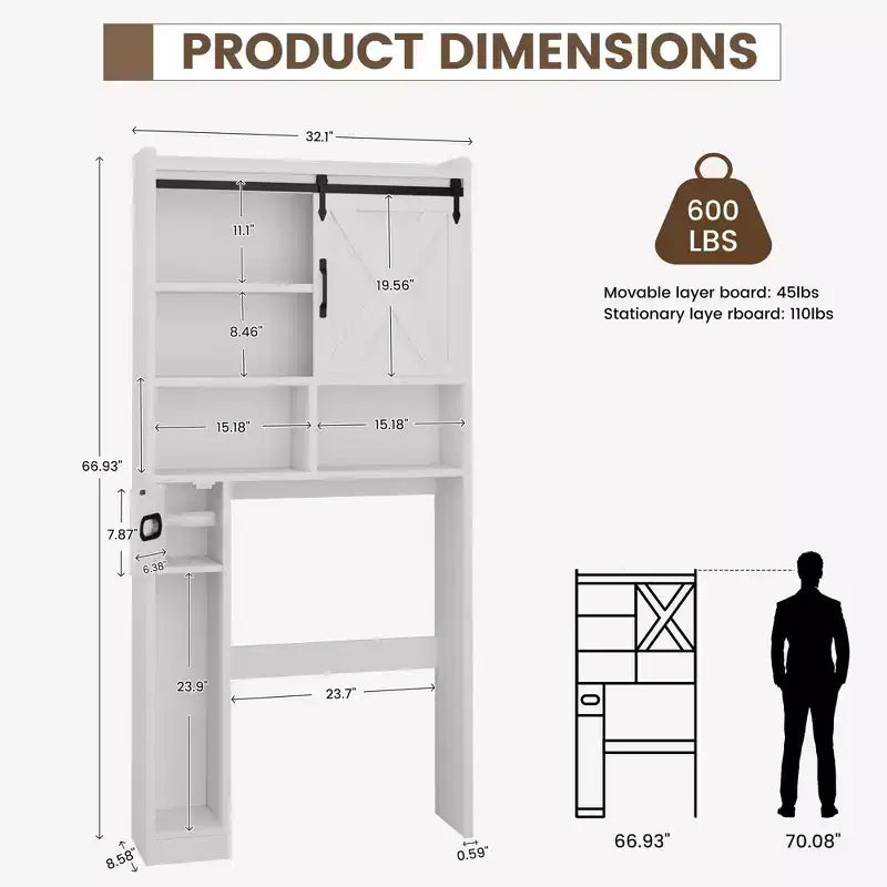 Meuble de rangement WC, étagères de salle de bain Organisateur d'espace, étagère de toilettes autoportante avec porte, dispositif anti-basculement, étagère réglable