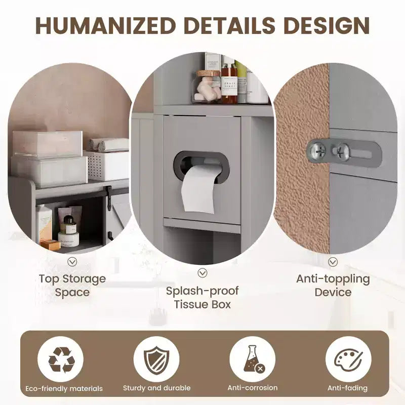 Meuble de rangement WC, étagères de salle de bain Organisateur d'espace, étagère de toilettes autoportante avec porte, dispositif anti-basculement, étagère réglable