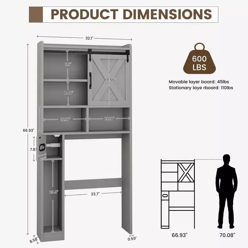 Meuble de rangement WC, étagères de salle de bain Organisateur d'espace, étagère de toilettes autoportante avec porte, dispositif anti-basculement, étagère réglable
