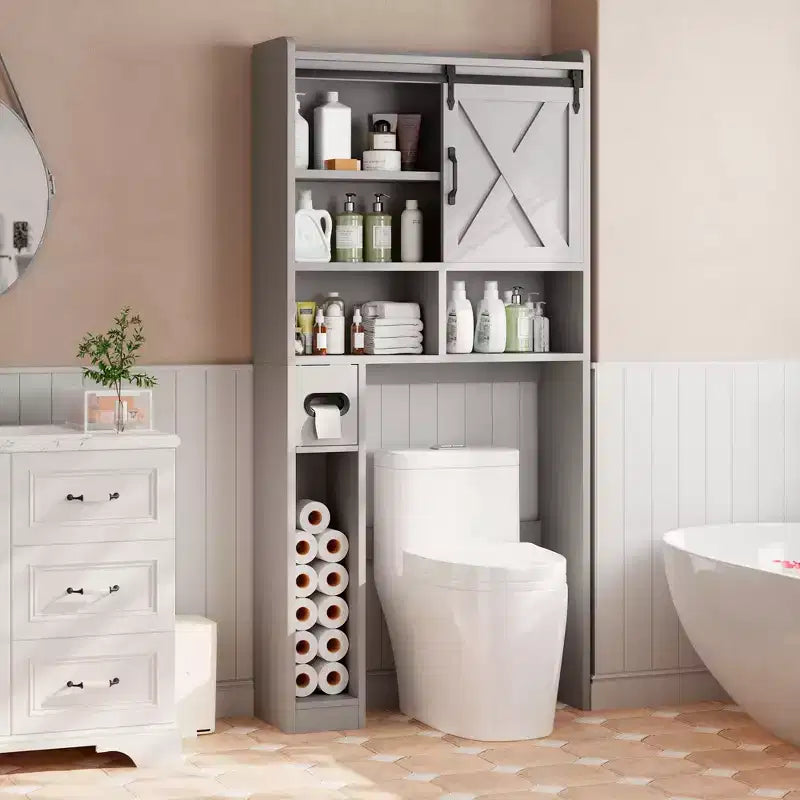 Meuble de rangement WC, étagères de salle de bain Organisateur d'espace, étagère de toilettes autoportante avec porte, dispositif anti-basculement, étagère réglable