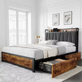 Bed Frame with Storage Headboard, Upholstered Platform Bed Frame with 4 Drawers & Charging Station, Metal Slats Support, No Box Spring Needed