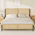 GustoWave Boho Bed Frame with Natural Rattan Headboard and Footboard
