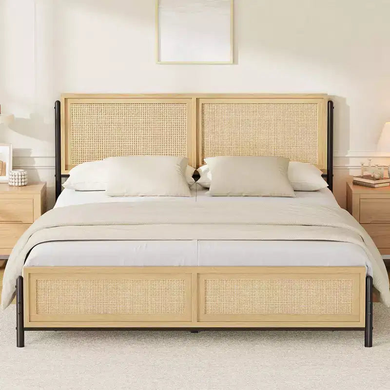 GustoWave Boho Bed Frame with Natural Rattan Headboard and Footboard