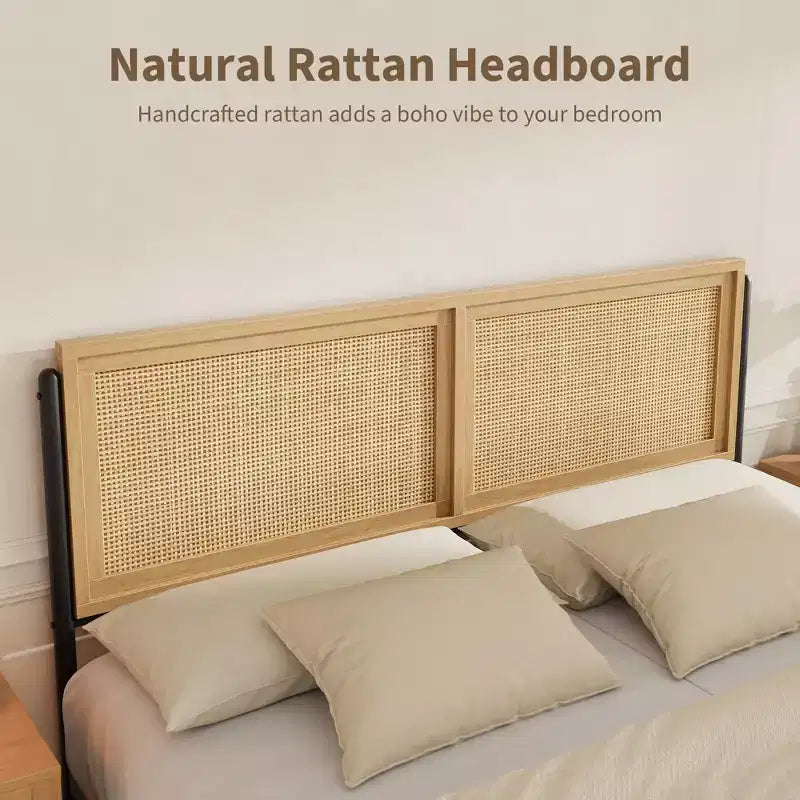 Lit Boho GustoWave avec tête et pied de lit en rotin naturel