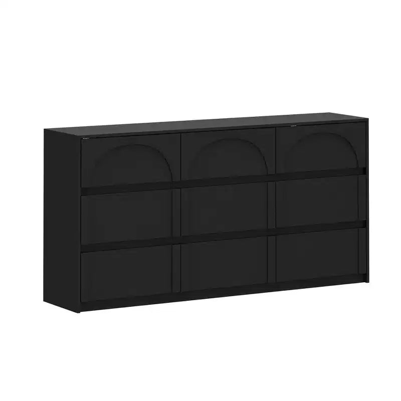 Commode/buffet de rangement Famapy noir, 9 tiroirs, poignées dissimulées, motif arche décoratif
