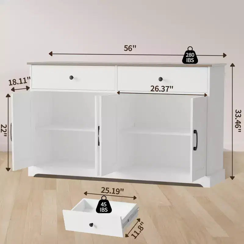56 Buffet bahut avec rangement, Armoire de cuisine en bois avec étagère réglable Blanc