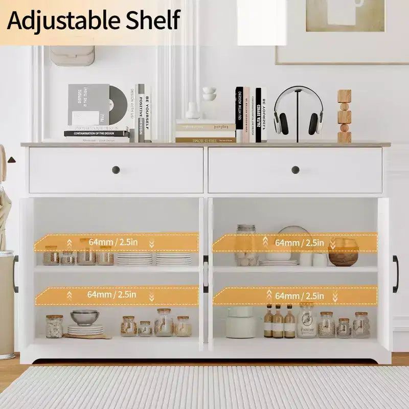 56 Buffet bahut avec rangement, Armoire de cuisine en bois avec étagère réglable Blanc