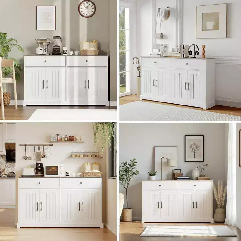 56 Buffet bahut avec rangement, Armoire de cuisine en bois avec étagère réglable Blanc