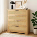 Commode 4 tiroirs en rotin, commode avec prises de courant, commode en bois avec poignées métalliques pour salon, placard, couloir, entrée