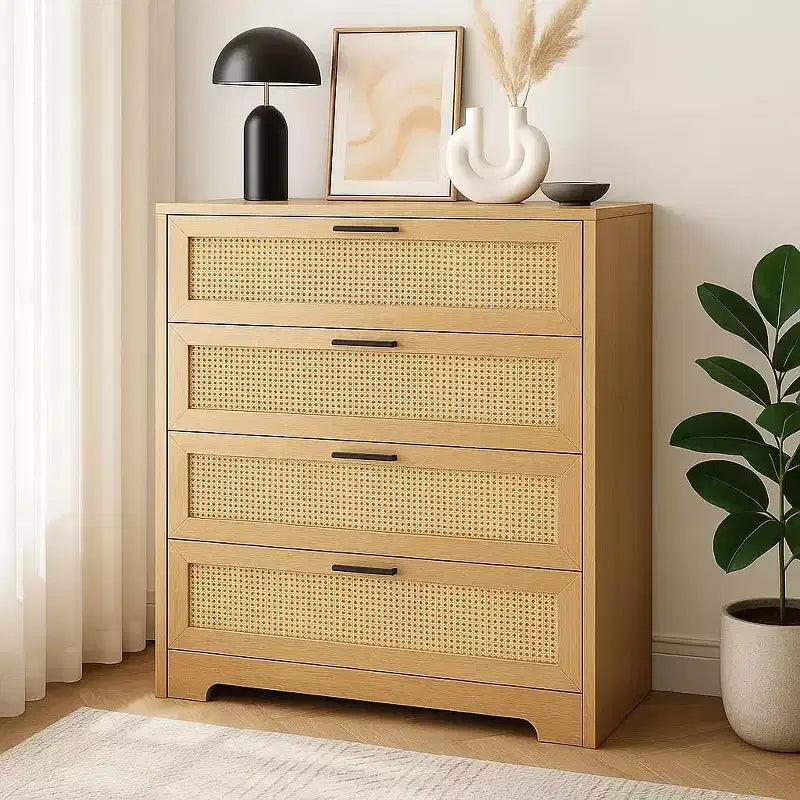 Commode 4 tiroirs en rotin, commode avec prises de courant, commode en bois avec poignées métalliques pour salon, placard, couloir, entrée