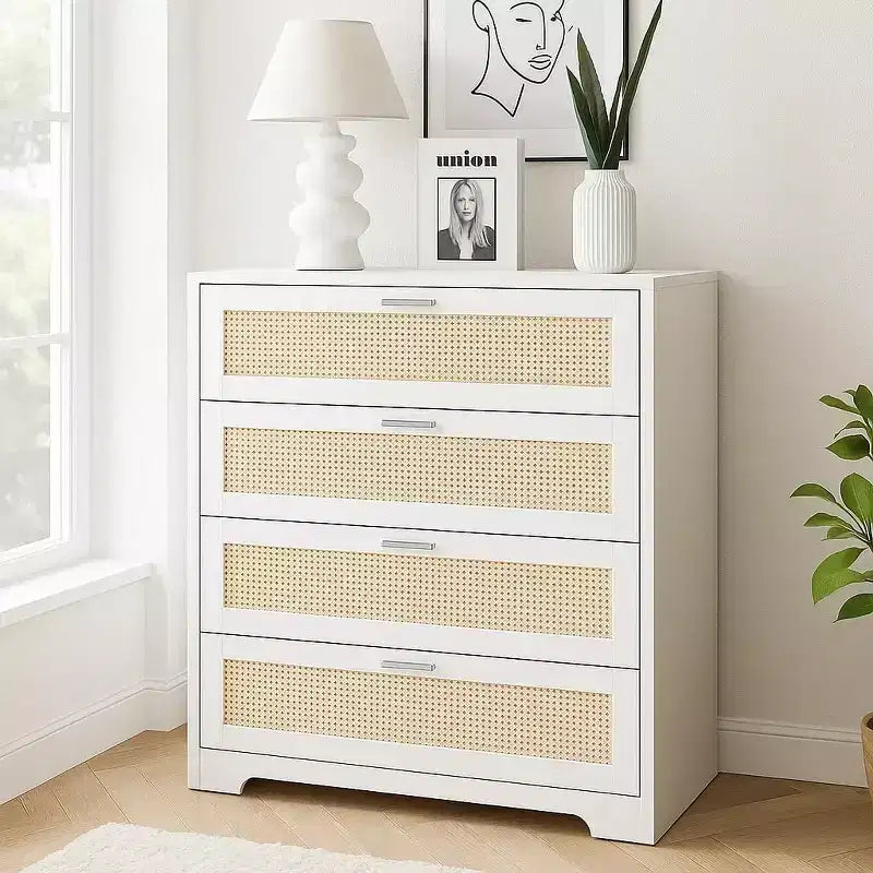 4 Drawer Rattan Dresser, Dresser with Power Outlets, Wood Dresser Chest of Drawers with Metal Handles for Living Room Closet Hallway Entryway