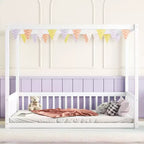 MAYEERTY Full Canopy Frame Floor Bed with Fence, Guardrails, White