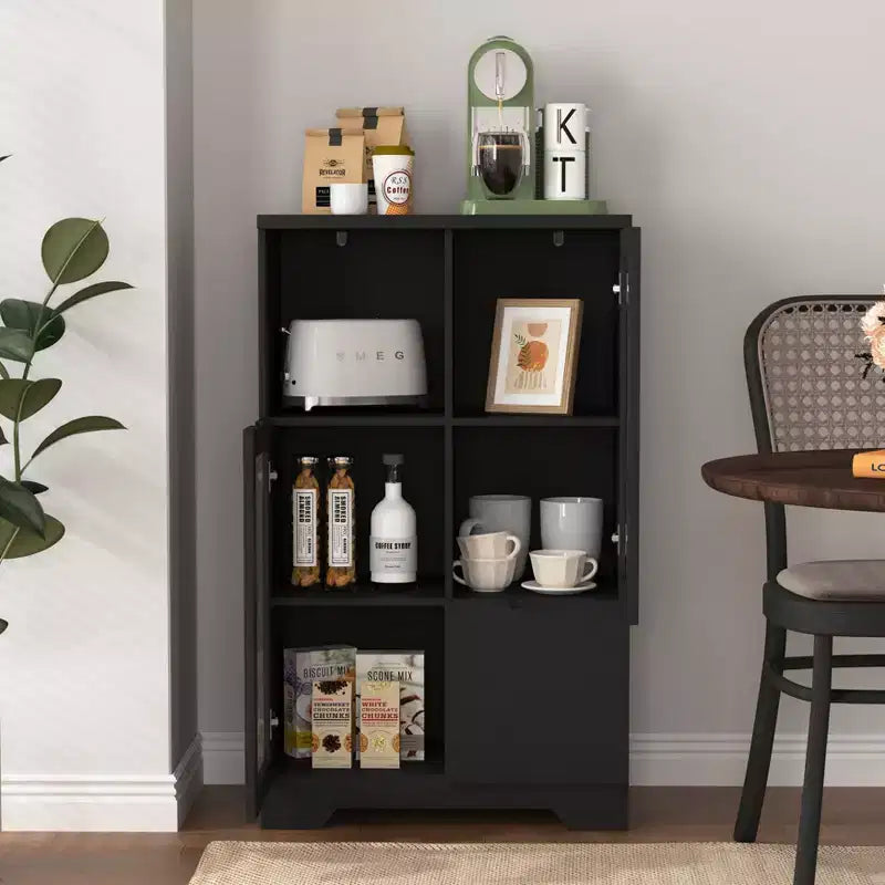 MAYEERTY Armoire MDF peinte avec portes vitrées, tiroir et rangement ouvert, noir, pour chambre à coucher ou salon