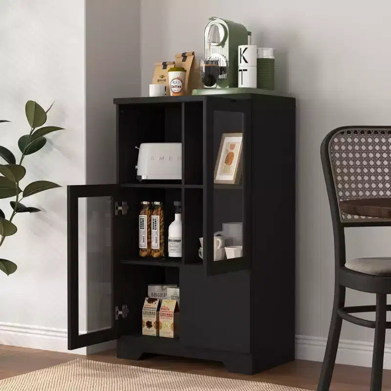 MAYEERTY Armoire MDF peinte avec portes vitrées, tiroir et rangement ouvert, noir, pour chambre à coucher ou salon