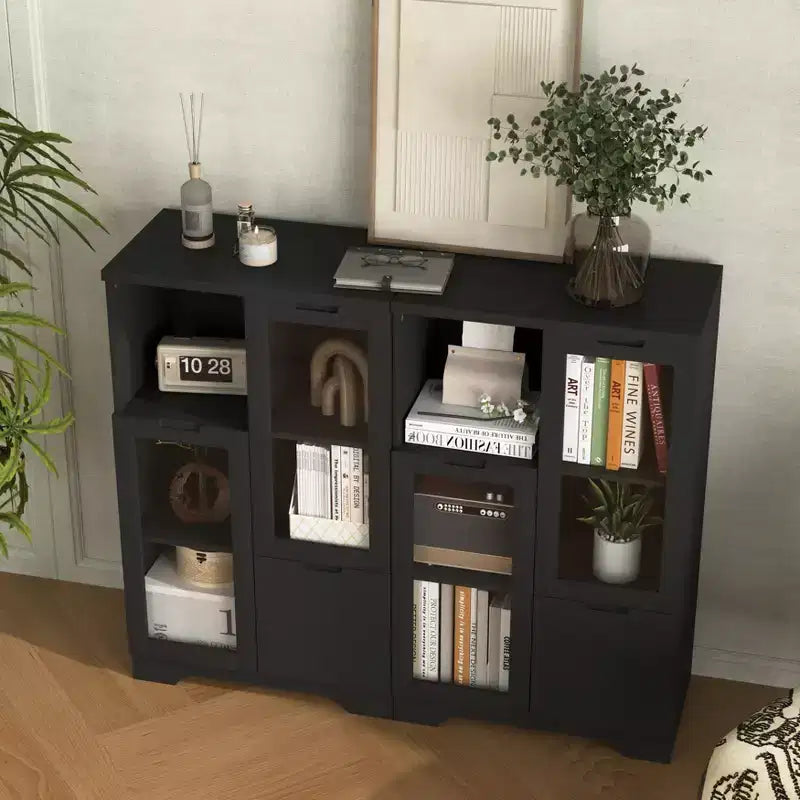 MAYEERTY Armoire MDF peinte avec portes vitrées, tiroir et rangement ouvert, noir, pour chambre à coucher ou salon