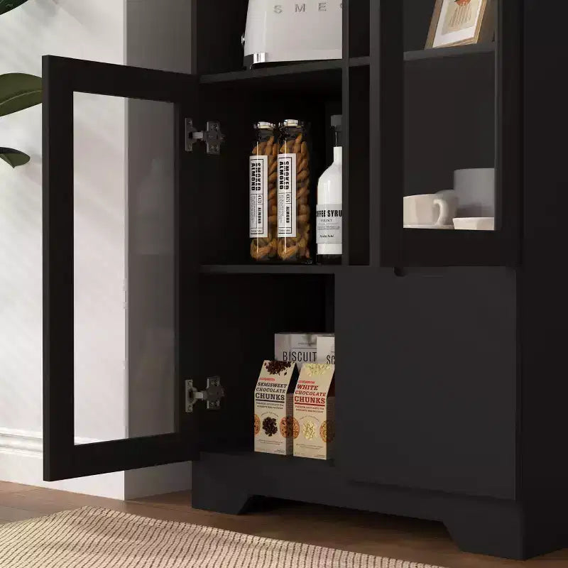 MAYEERTY Armoire MDF peinte avec portes vitrées, tiroir et rangement ouvert, noir, pour chambre à coucher ou salon