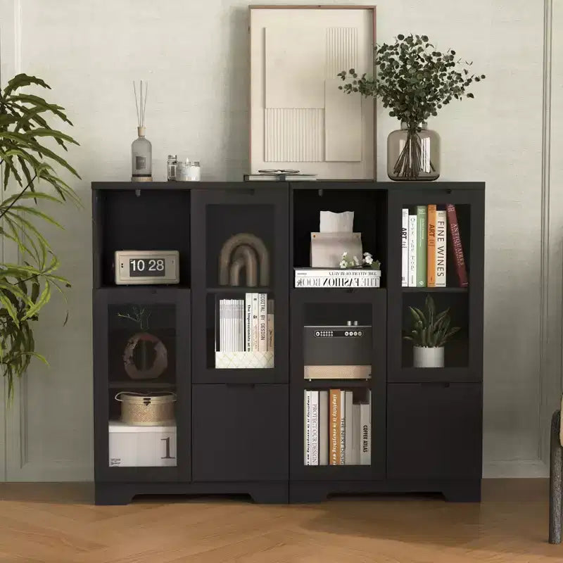 MAYEERTY Armoire MDF peinte avec portes vitrées, tiroir et rangement ouvert, noir, pour chambre à coucher ou salon