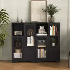 MAYEERTY Armoire MDF peinte avec portes vitrées, tiroir et rangement ouvert, noir, pour chambre à coucher ou salon