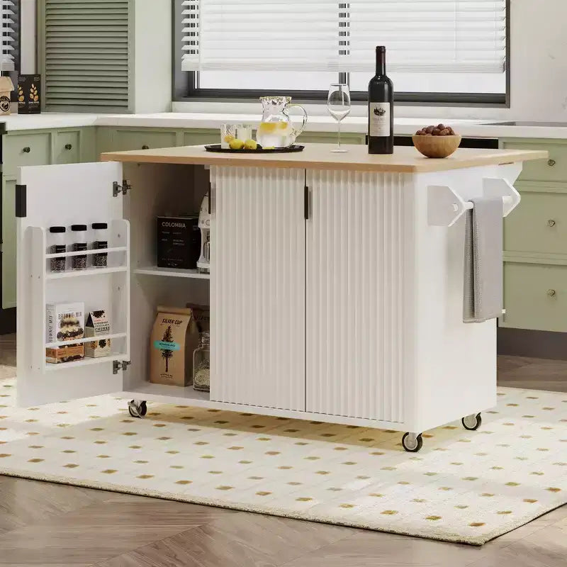 Whisen 51 - Îlot de cuisine pliant cannelé et chariot roulant de style campagnard avec étagère de rangement interne, porte-serviettes