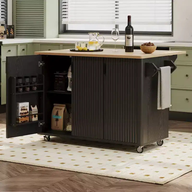 Whisen 51 - Îlot de cuisine pliant cannelé et chariot roulant de style campagnard avec étagère de rangement interne, porte-serviettes