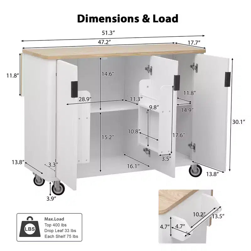 Whisen 51 - Îlot de cuisine pliant cannelé et chariot roulant de style campagnard avec étagère de rangement interne, porte-serviettes
