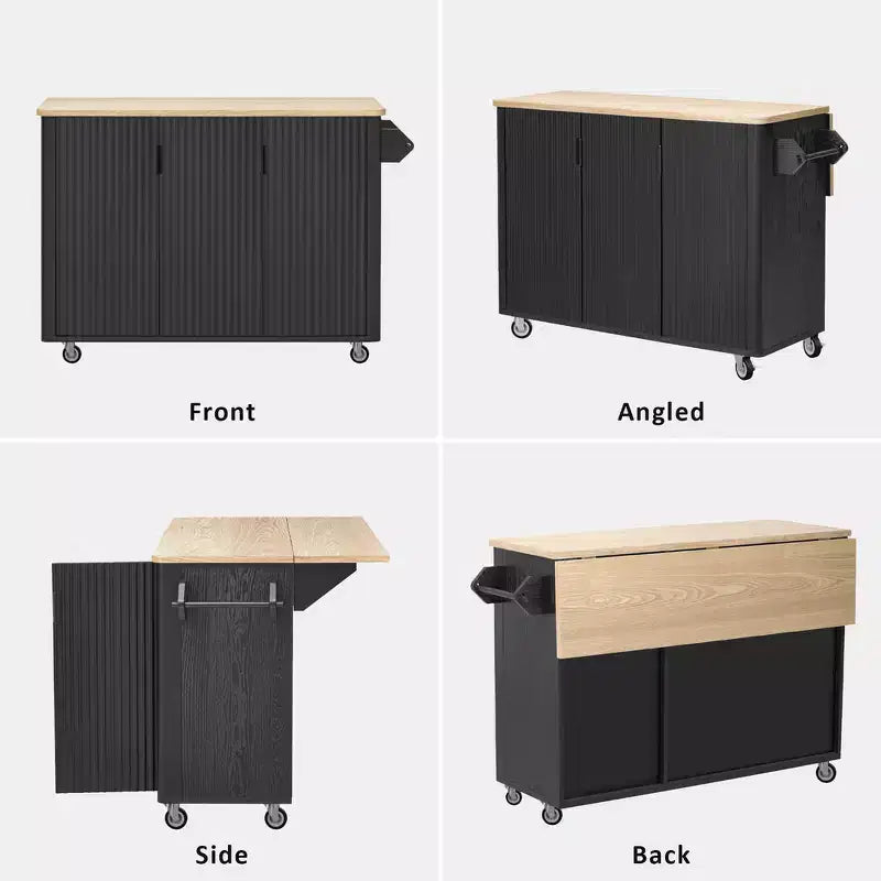 Whisen 51 - Îlot de cuisine pliant cannelé et chariot roulant de style campagnard avec étagère de rangement interne, porte-serviettes