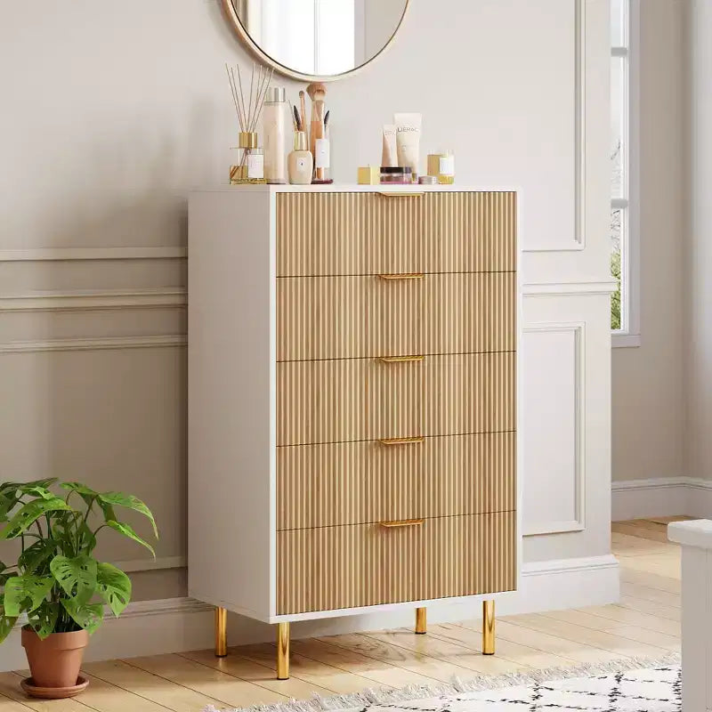 Commode, Commode moderne à 5 tiroirs pour chambre avec poignée dorée et grand tiroir, Commode double en bois et organisateur de rangement