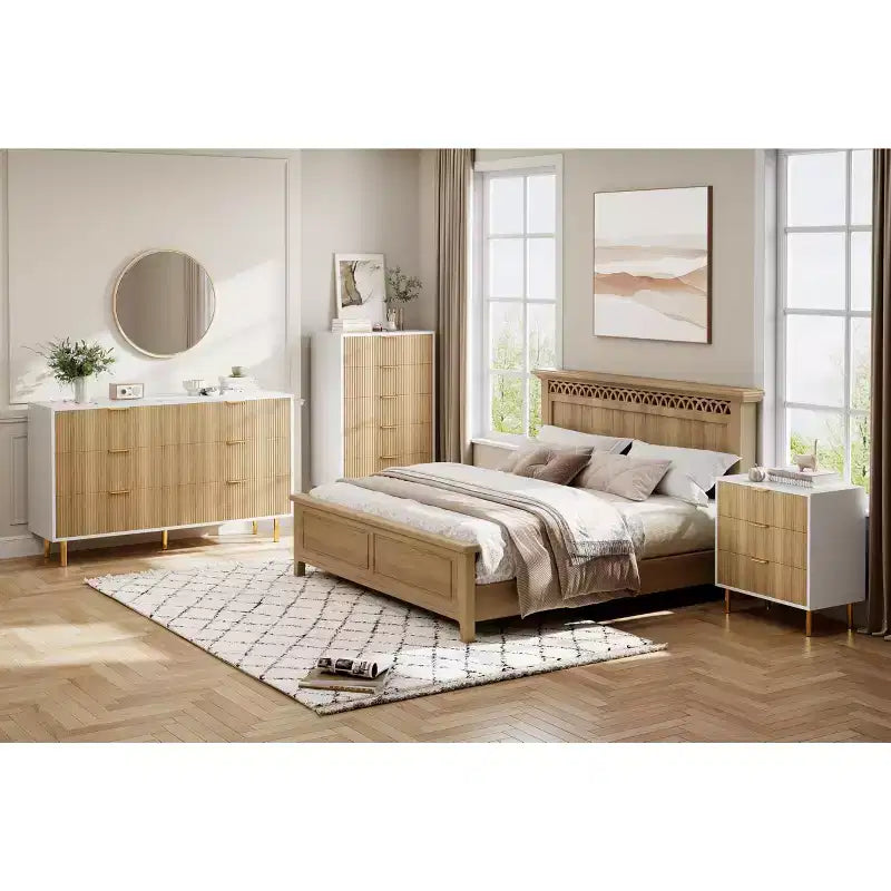 Commode, Commode moderne à 5 tiroirs pour chambre avec poignée dorée et grand tiroir, Commode double en bois et organisateur de rangement
