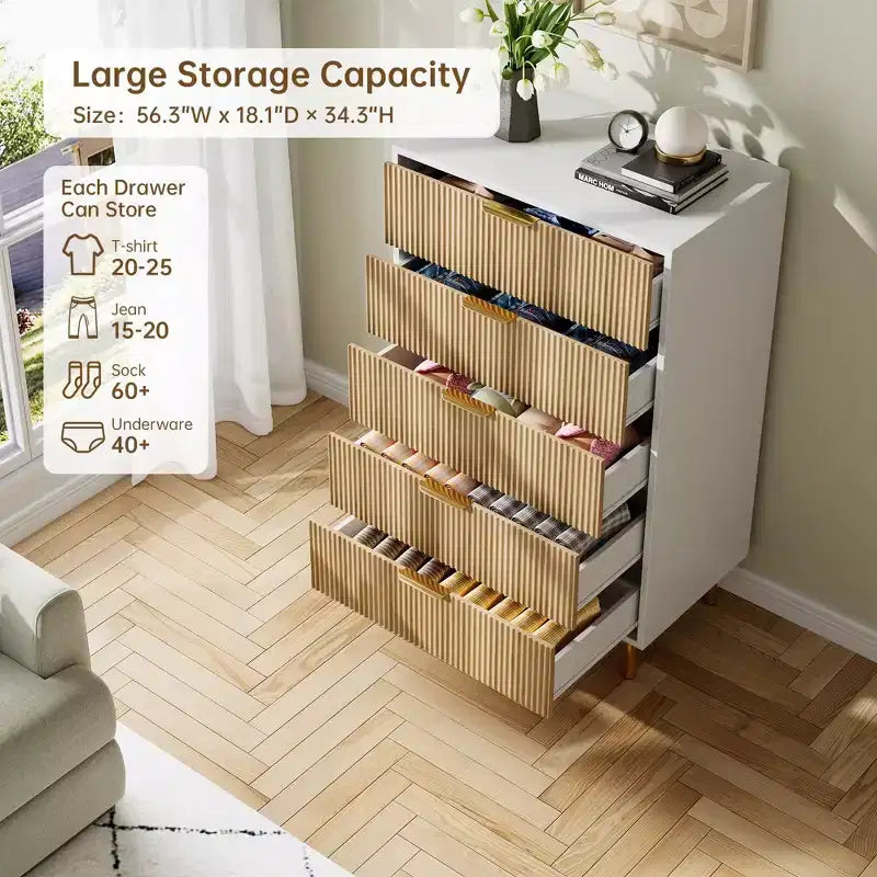 Commode, Commode moderne à 5 tiroirs pour chambre avec poignée dorée et grand tiroir, Commode double en bois et organisateur de rangement