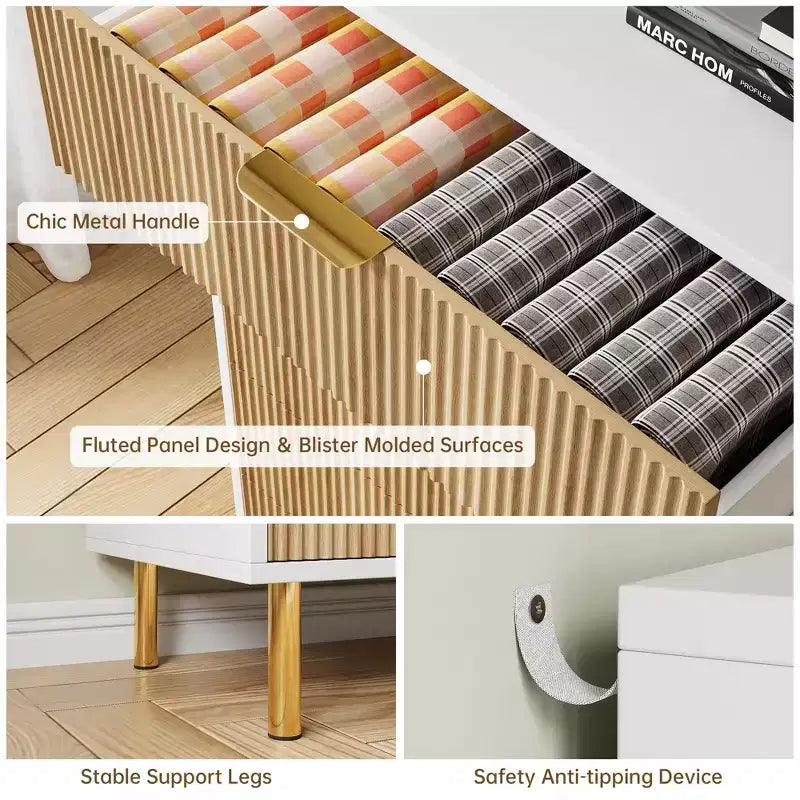 Commode, Commode moderne à 5 tiroirs pour chambre avec poignée dorée et grand tiroir, Commode double en bois et organisateur de rangement