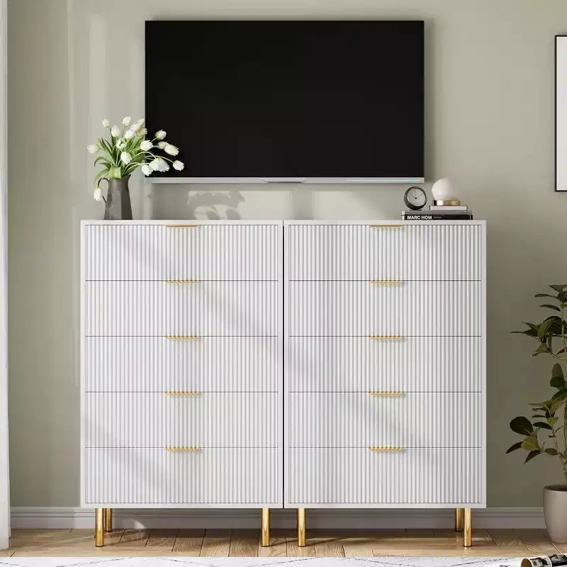 Commode, Commode moderne à 5 tiroirs pour chambre avec poignée dorée et grand tiroir, Commode double en bois et organisateur de rangement