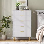 Commode, Commode moderne à 5 tiroirs pour chambre avec poignée dorée et grand tiroir, Commode double en bois et organisateur de rangement