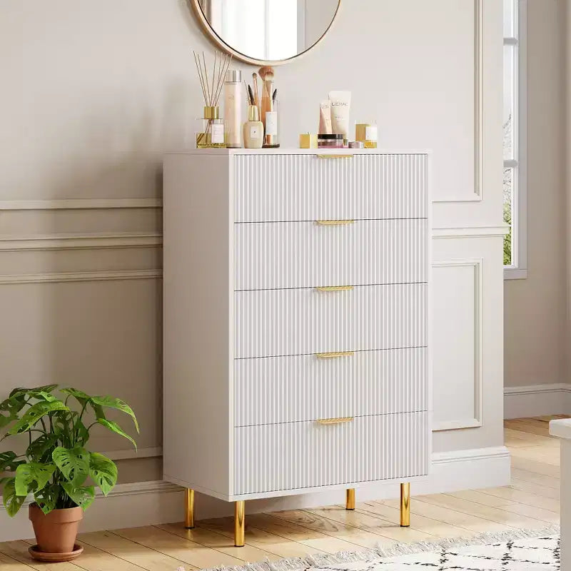 Commode, Commode moderne à 5 tiroirs pour chambre avec poignée dorée et grand tiroir, Commode double en bois et organisateur de rangement