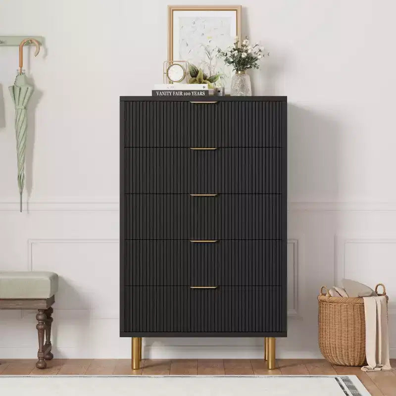 Commode, Commode moderne à 5 tiroirs pour chambre avec poignée dorée et grand tiroir, Commode double en bois et organisateur de rangement