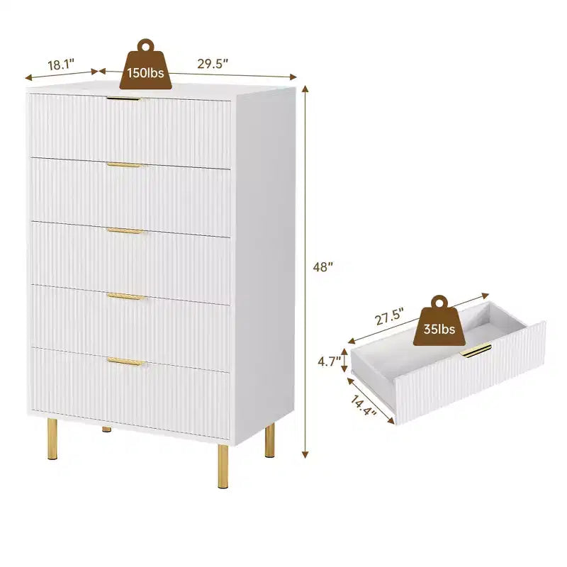 Commode, Commode moderne à 5 tiroirs pour chambre avec poignée dorée et grand tiroir, Commode double en bois et organisateur de rangement
