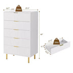 Commode, Commode moderne à 5 tiroirs pour chambre avec poignée dorée et grand tiroir, Commode double en bois et organisateur de rangement