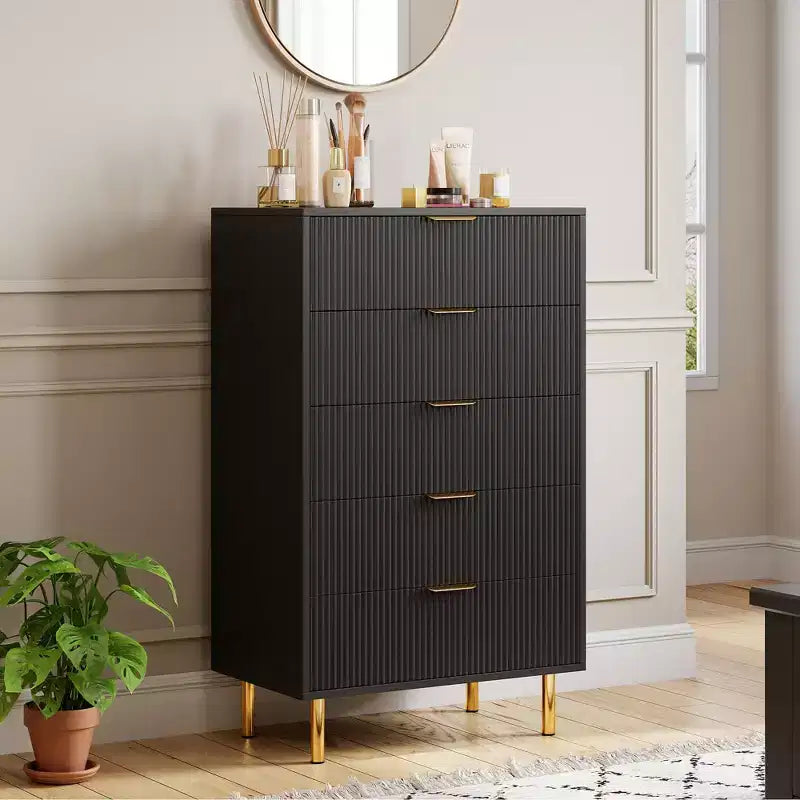 Commode, Commode moderne à 5 tiroirs pour chambre avec poignée dorée et grand tiroir, Commode double en bois et organisateur de rangement