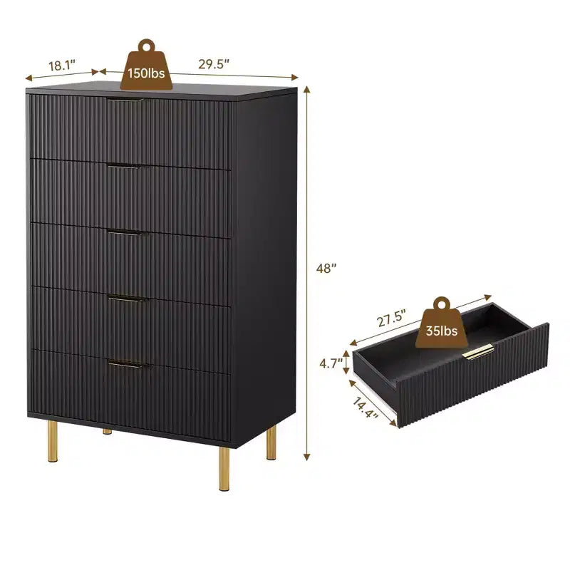 Commode, Commode moderne à 5 tiroirs pour chambre avec poignée dorée et grand tiroir, Commode double en bois et organisateur de rangement