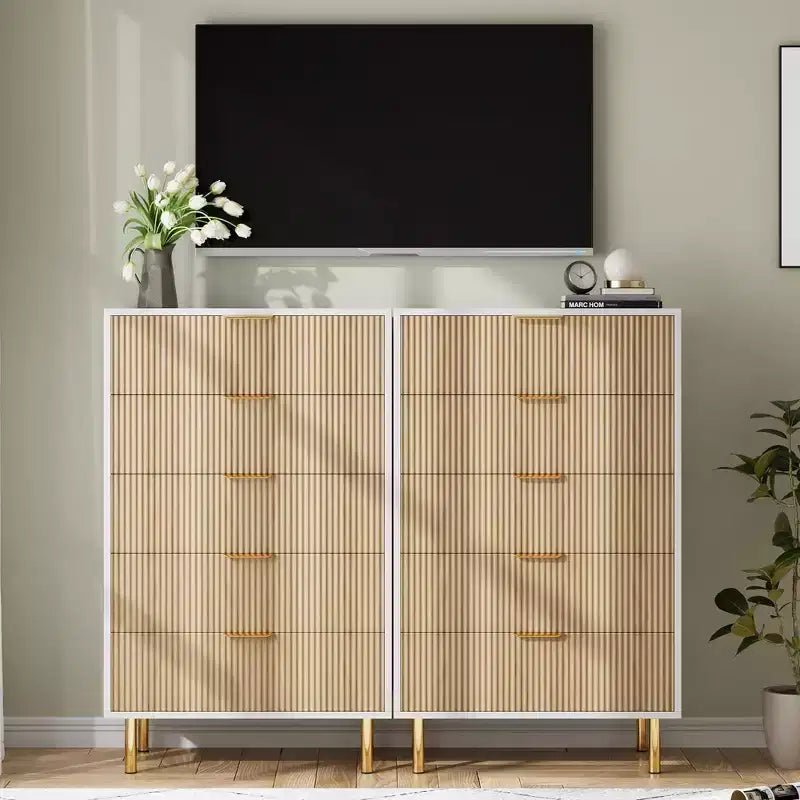 Commode, Commode moderne à 5 tiroirs pour chambre avec poignée dorée et grand tiroir, Commode double en bois et organisateur de rangement