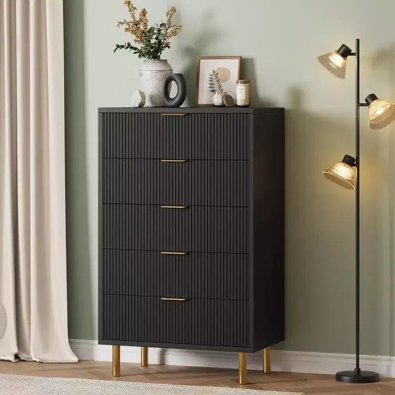 Dresser, Modern 5 Drawer Dresser for Bedroom with Gold Handle and Large Drawer, Wood Double Chest of Drawers and Storage Organizer