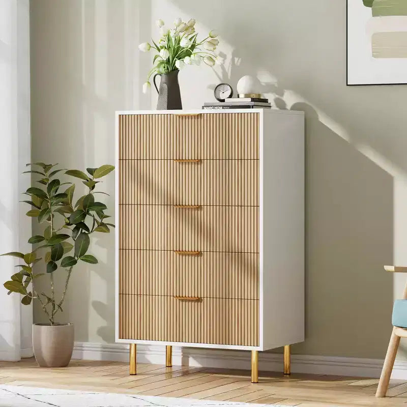 Commode, Commode moderne à 5 tiroirs pour chambre avec poignée dorée et grand tiroir, Commode double en bois et organisateur de rangement